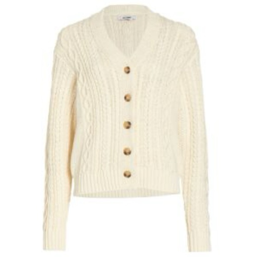 Re/Done 50s V-Neck Cardigan Sweater Button Up Cable Knit Ivory/Off-White/Cream